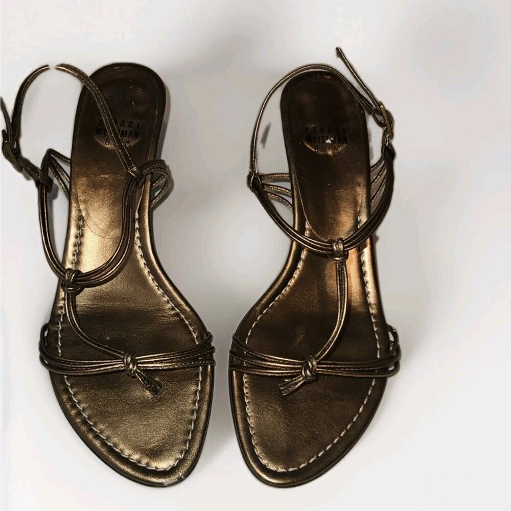 Stuart Weitzman Women’s Gold Strappy Heeled Sandals 8.5 M Ankle Strap Open Toe